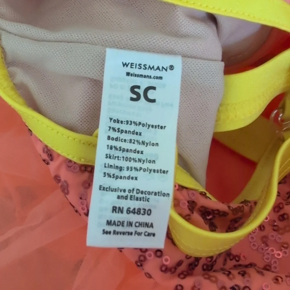 New Weissman Coral Yellow Sequin Tutu Dance Costume Ruffle Skirt Halter Dress